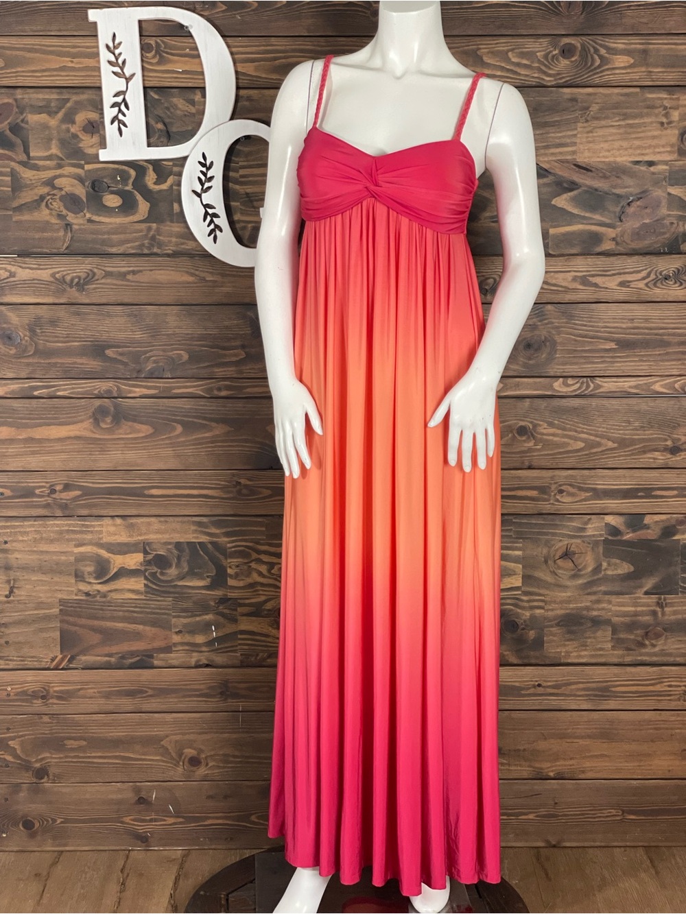 Bisou Bisou Twist Front Ombré Pink Orange Maxi Dress Flowy Ruched‎ Braided Strap